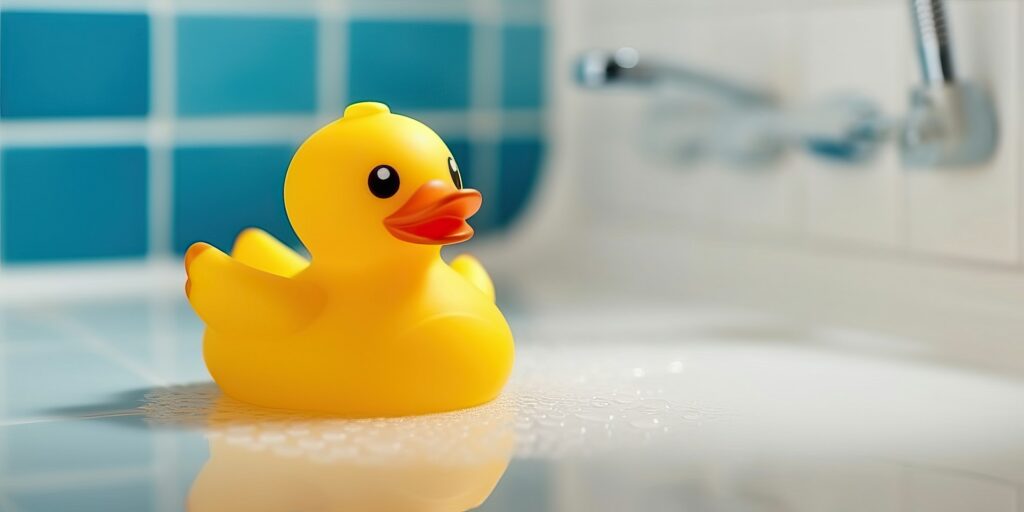 A Quacking Companion in a Sunlit Bathroom