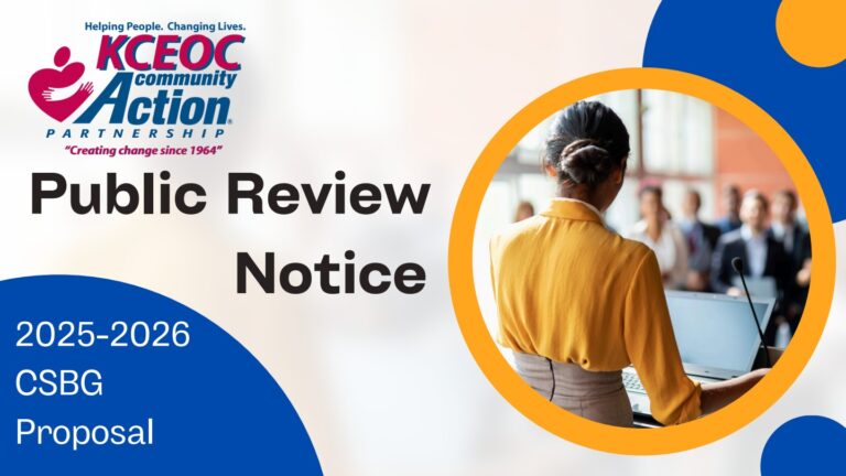 KCEOC public review notice graphic for the 2025–2026 CSBG proposal