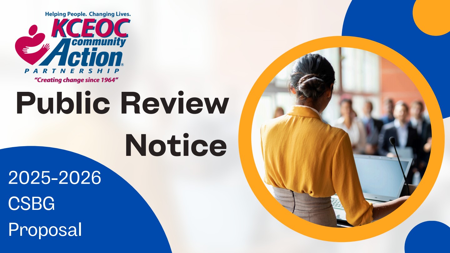 KCEOC public review notice graphic for the 2025–2026 CSBG proposal